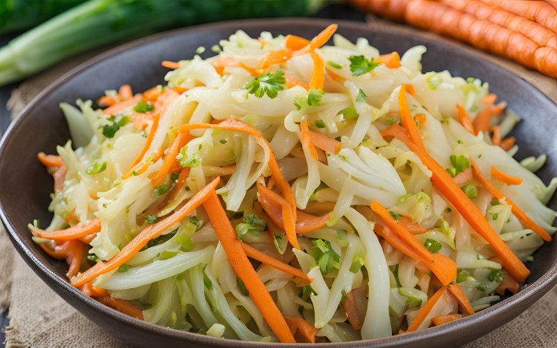 a bowl of food with carrots and greens