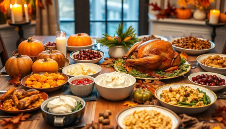 A beautifully arranged Friendsgiving dinner table, adorned with an abundance of fall-themed dishes, including a golden-brown roasted turkey, colorful sides like mashed potatoes, cranberry sauce, and green bean casserole, surrounded by rustic decor elements such as autumn leaves, pumpkins, and warm candlelight, evoking a cozy and inviting atmosphere for a festive gathering with friends.