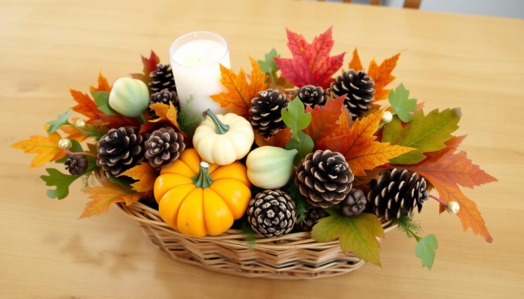 A rustic fall centerpiece featuring a mix of colorful autumn leaves, pine cones, and small pumpkins arranged in a natural woven basket, with soft candlelight illuminating the scene, set against a wooden table backdrop.

