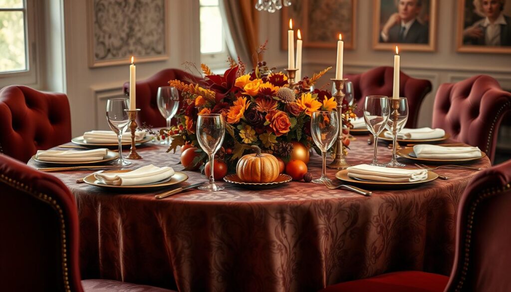 An elegant Thanksgiving table setting with a rich, textured tablecloth, adorned with golden cutlery and crystal glassware, centerpiece of vibrant autumn flowers and seasonal fruits, flickering candles casting a warm glow, surrounded by plush dinner chairs, soft fall colors of burgundy, rust, and cream.
