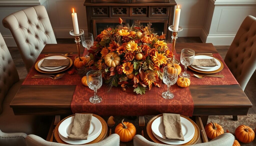 An elegant Thanksgiving table setting featuring a rustic wooden table adorned with a rich, autumn-themed tablecloth, golden cutlery, crystal glassware, and white china plates. The centerpiece is a bountiful arrangement of seasonal flowers, pumpkins, and foliage, with candleholders casting a warm glow. Surrounding the table are plush chairs and scattered decorative gourds, creating a warm and inviting atmosphere.
