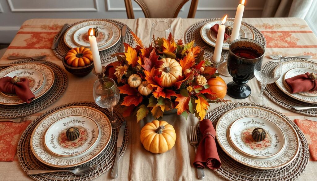 A beautifully layered Thanksgiving table showcasing rich textures and patterns, featuring a mix of elegant linen tablecloths, woven placemats, and decorative chargers. Include a centerpiece of autumn leaves, gourds, and seasonal flowers, with rustic ceramic dishware, intricate glassware, and polished cutlery. Soft candlelight adds warmth to the scene, complemented by richly colored napkins and tasteful table accents.
