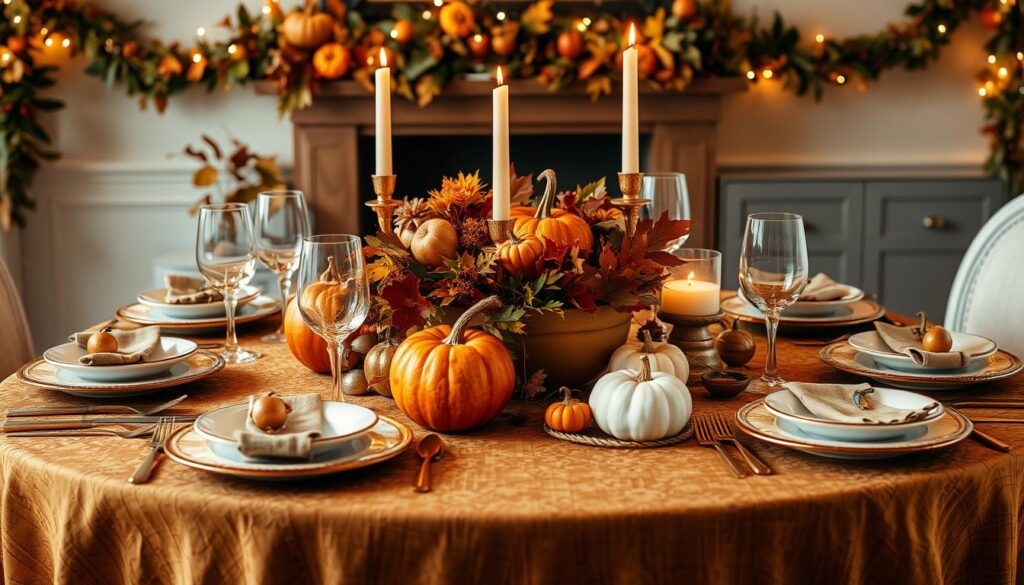 A beautifully set Thanksgiving table adorned with autumn-themed decor, featuring a rich, textured tablecloth in warm tones, elegant dinnerware, golden cutlery, seasonal centerpieces of pumpkins and candles, surrounded by lush garlands of leaves and flowers, soft ambient lighting creating a cozy atmosphere.